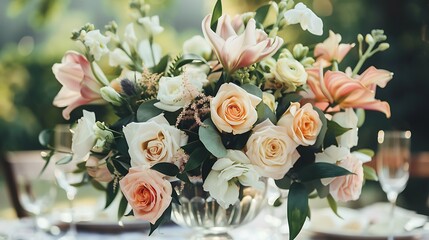 Bouquet of flowers in vase on the wedding table