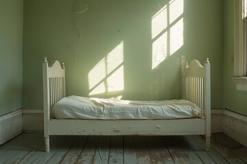 Children's bed in a sunlit, unoccupied room. Generative Ai