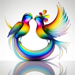 Obraz premium A stunning blown glass sculpture of a playful, couple bird with seamlessly blended rainbow colors, white background