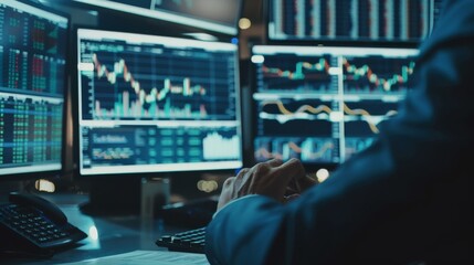 Close-up of a stock broker's hands analyzing charts and data on multiple screens, focus on screens. Business concept for stock market. financial chart graphs concept