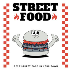 Funky burger card in retro groovy style. Trendy illustration. Cool mascot for cafe, bar, restaurant. Vector illustration