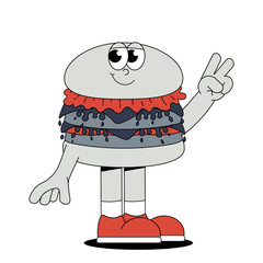 Funky burger character with happy smile face in retro groovy style. Trendy fast food stickers. Cool mascot for cafe, bar, restaurant.