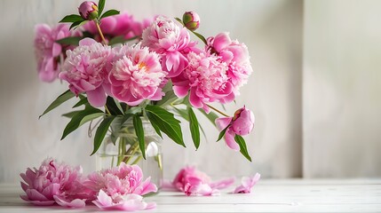 fresh bouquet of peonies in a glass jar on a white wooden table