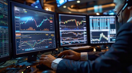 Close-up of a stock broker's hands analyzing charts and data on multiple screens, focus on screens. Business concept for stock market. financial chart graphs concept