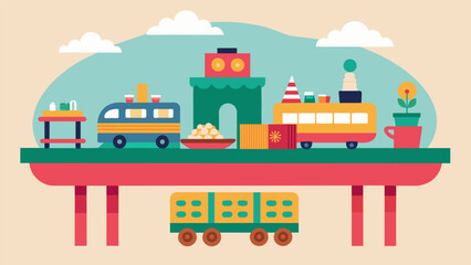 Naklejka premium A table adorned with colorful vintage train cars and miniature scenery enticing passersby to stop and take a closer look.. Vector illustration