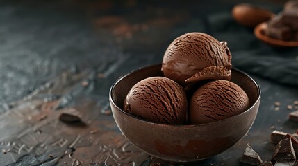 Two chocolate ice cream balls in a brown bowl shot on dark abstract table