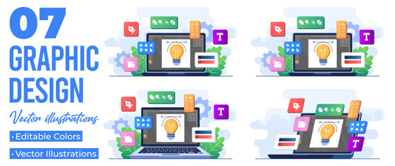 Set of flat illustrations of graphic design software application on device screen, Design tools, symbols, icons and elements on screen, Creators at work, Graphic designing, designer 