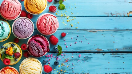 Variety of colorful summer frozen desserts Top view bottom border on a rustic blue wood background