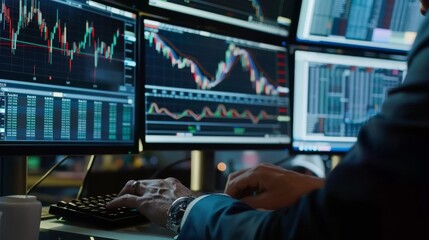 Close-up of a stock broker's hands analyzing charts and data on multiple screens, focus on screens. Business concept for stock market. financial chart graphs concept