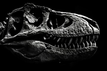 A close-up photograph of a T-Rex skull, isolated on a black background. The focus is on the intricate details of the teeth and bone structure
