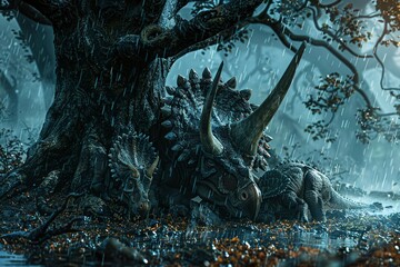 A digital art piece showcasing a Triceratops family taking shelter under a giant tree during a rainstorm