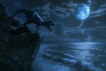 A dramatic night scene of a T-Rex howling at the moon on a cliff's edge, with a turbulent ocean below