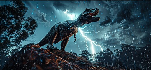 A dramatic photograph of a Tyrannosaurus Rex standing tall on a rocky outcrop during a thunderstorm