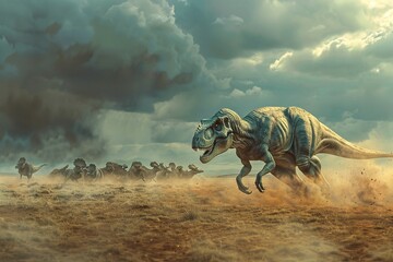 A dynamic scene of an adult Tyrannosaurus Rex chasing a herd of Triceratops, dust kicking up under their feet, in an open plain with a storm brewing overhead