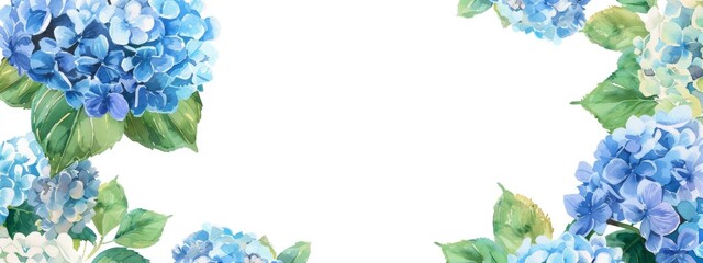 A blue hydrangea border with watercolor, light sky background, white space in the center of the frame, high resolution, high detail, digital art, water color style.