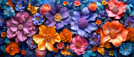 Fototapeta na wymiar A colorful bouquet of flowers is displayed in a blue background