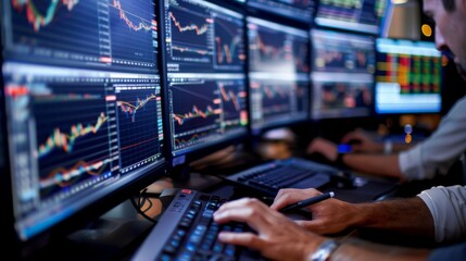 Close-up of a stock broker's hands analyzing charts and data on multiple screens, focus on screens. Business concept for stock market. financial chart graphs concept