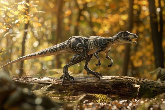 An epic scene of a Velociraptor leaping over a fallen log in a forest clearing, mid-hunt. The intense focus in its eyes, its muscles taut with effort
