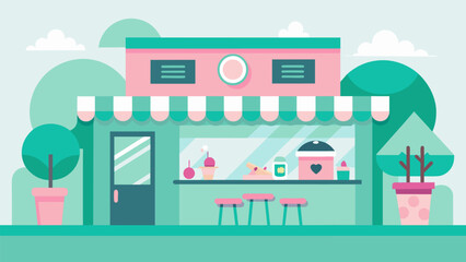 Fototapeta premium Bright pops of pastel colors including mint green and baby pink are featured in this playful and inviting coffee shop..