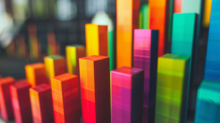 Bar charts with many colors going up and down for stock market investment or bright colorful banking charts