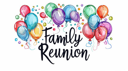 Family reunion illustration with written family reunion and festive background isolated on white backdrop