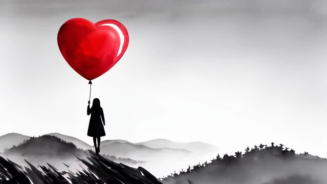 A schoolgirl in uniform holds a large, red heart-shaped balloon as she walks on a path, representing childhood dreams, hope, and the journey of life.
