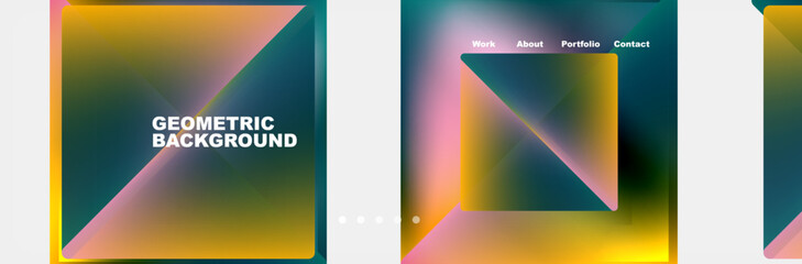 A collection of vibrant geometric backgrounds featuring triangles and squares in electric blue and magenta hues. Symmetrical patterns and bold color tints create a striking art display
