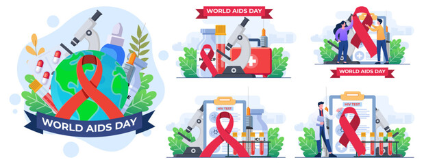 Set of flat illustrations of  World AIDS Day concepts, Medical doctors with an HIV test tube are researching AIDS, Red Ribbon to raise awareness of the AIDS epidemic 