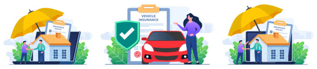 set of flat illustrations of insurance, Property security, Financial protection, Real estate insurance policy,  Vehicle insurance, Car safety, assistance and protection