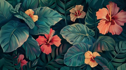 A close-up, illustrative hand draft of a lively dispute among rainforest flowers, their petals and leaves animated with emotion