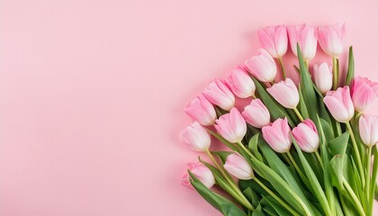 Beautiful composition spring flowers. Bouquet of pink tulips flowers on pastel pink backgrou