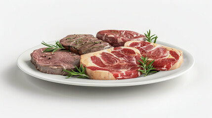 Pork, goat and beef steaks arranged on a plate