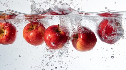Ripe red apples plunging into crystal-clear water, sending up explosive splashes that glisten in the sunlight against a pristine white backdrop.