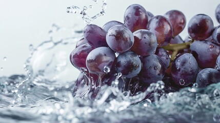 Plump grapes cascading into a pool of water, their rich purple hues mingling with the liquid as they create playful splashes against a clean white surface.