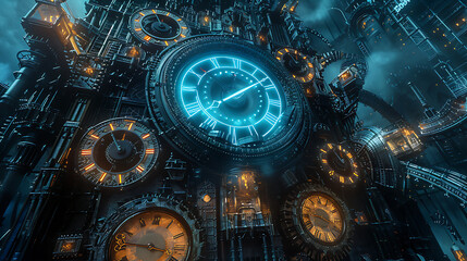 Clockwork city: Towering gears, blue neon lights. Fantasy world, magical realism style. Detailed clocks, glowing effects. Cinematic lighting, surreal atmosphere; floating in the sky