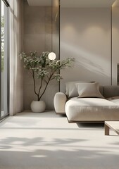 Modern minimalist living room with a large window, beige carpet and a soft sofa