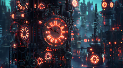 Clockwork city: Towering gears, blue neon lights. Fantasy world, magical realism style. Detailed clocks, glowing effects. Cinematic lighting, surreal atmosphere; floating in the sky
