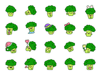 Cute kawaii broccoli with funny face. Adorable cartoon food character. Hand drawn style. Vector drawing. Collection of design elements.