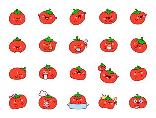 Cute kawaii tomato character. Happy vegetable cartoon food. Hand drawn style. Vector drawing. Collection of design elements.