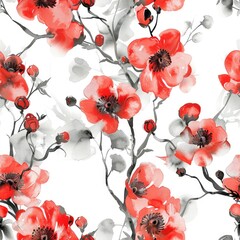 watercolor Seamless pattern red Flower on White backgorund.