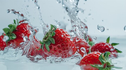 Juicy strawberries dropped into a pool of water, their vibrant red hues contrasting beautifully with the translucent liquid as they create playful splashes against a clean white surface.