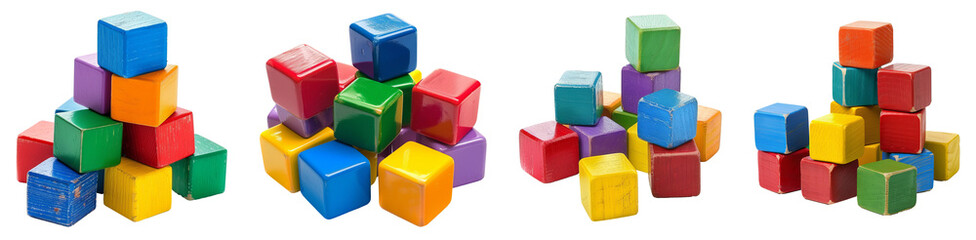 Wooden cubes, colorful, isolated, png set