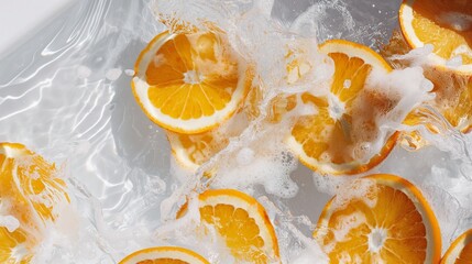Slices of tangy oranges dropped into a clear pool, their vibrant citrus hues mingling with the shimmering water as they create vibrant splashes against a clean white surface.