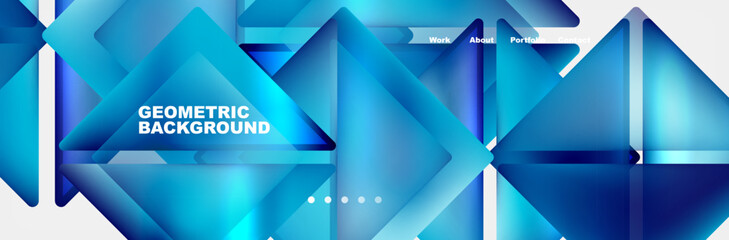 An electric blue geometric design featuring triangles and rectangles in azure and aqua tints and shades on a white background. Symmetrical patterns with parallel lines, inspired by technology