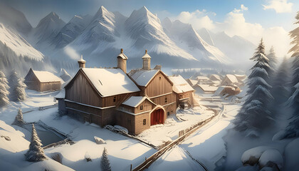 Aerial View Of Old Paper Mill Factory. Bird's-eye View At Sunny Snowy on digital art concept, Generative AI.