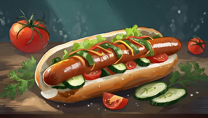 Close up hotdog for eating on wood table on digital art concept, Generative AI.