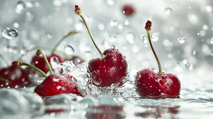 Sweet cherries tossed into a pool of water, their deep red hues creating dramatic splashes that...