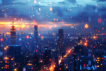 A cityscape under a twilight sky, buildings adorned with glittering starlike lights, dreamy azure aura Futuristic, ethereal view