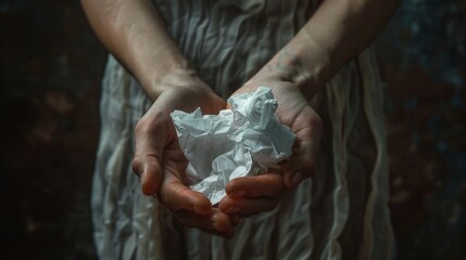 A close-up of hands holding a crumpled tissue. a symbolic representation of anxiety