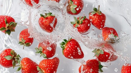 Juicy strawberries dropped into a pool of water, their vibrant red hues contrasting beautifully with the translucent liquid as they create playful splashes against a clean white surface.